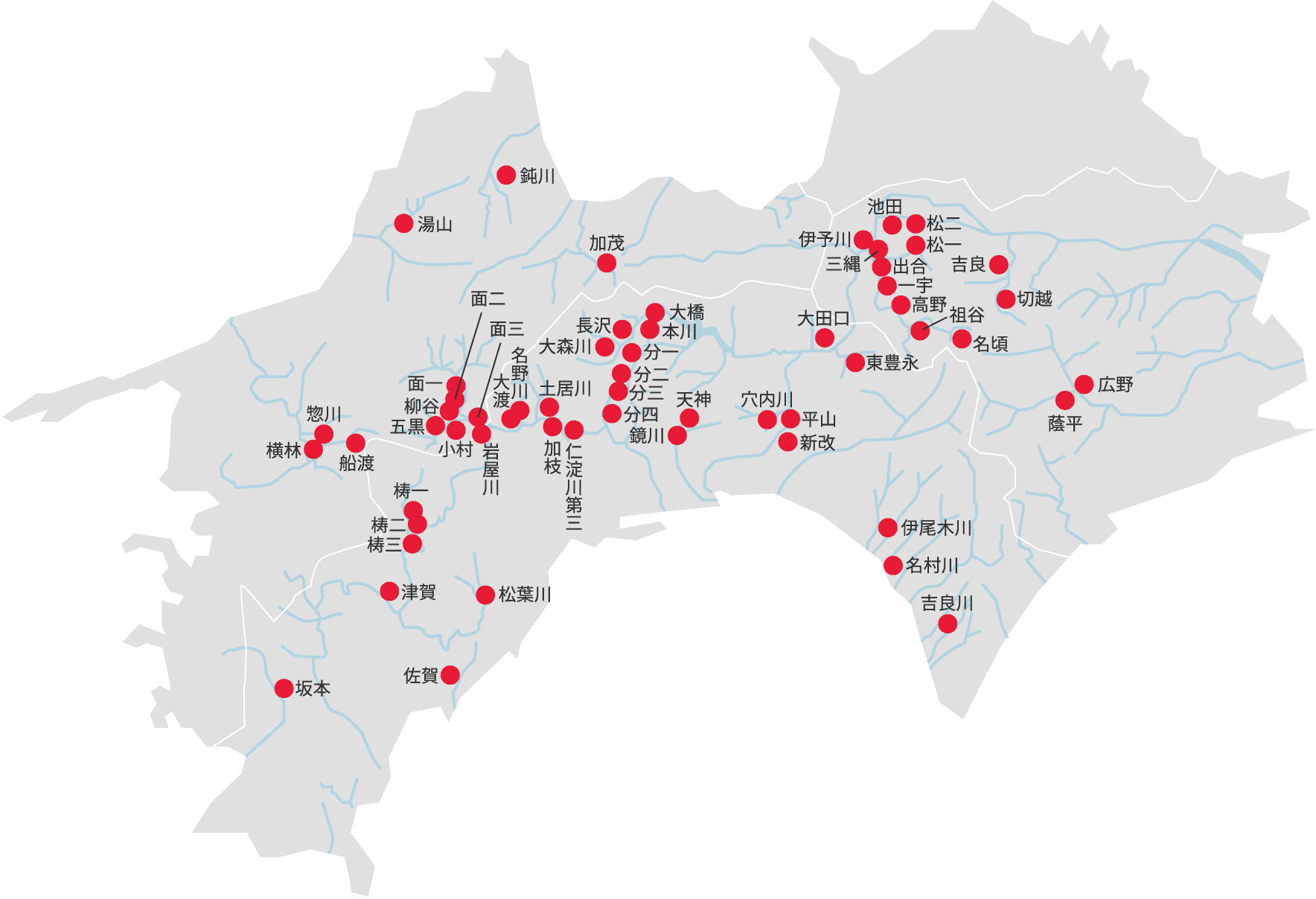 四国電力の水力発電所の地図
