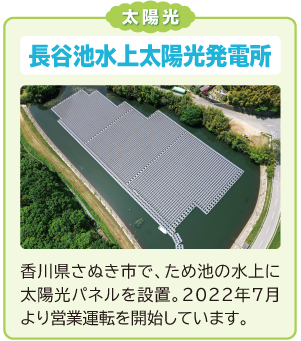 太陽光
長谷池水上太陽光発電所
香川県さぬき市で、ため池の水上に太陽光パネルを設置。2022年7月より営業運転を開始しています。