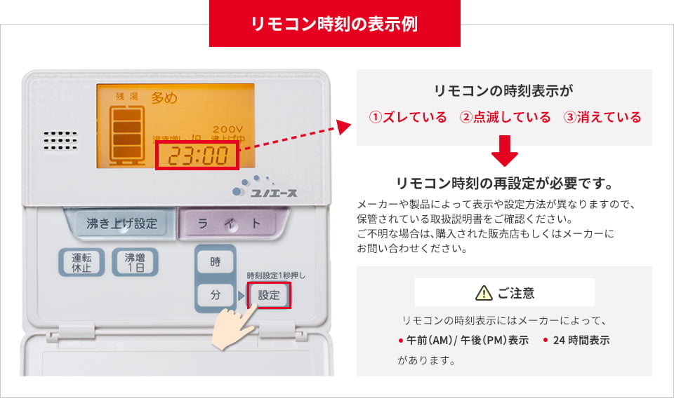 リモコン時刻の表示例。リモコンの時刻表示が、ずれたり点滅していたり消えている場合は再設定が必要です。