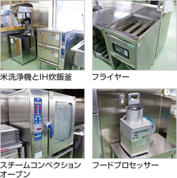 米洗浄機とIH炊飯釜、フライヤー、スチームコンベクションオーブン、フードプロセッサー