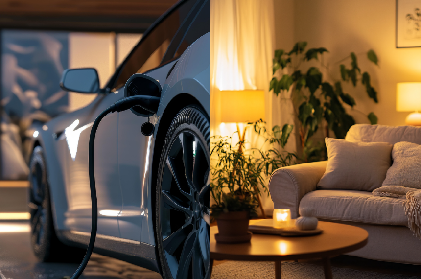 給電している車と家の中の写真