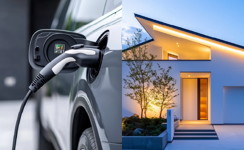 EVイメージ写真（給電している車と家の外観写真）