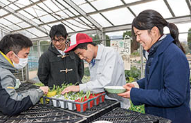 今年2月には学生とともに丸亀養護学校を訪問。生徒が種から育てている苗に肥料を与える手伝いをした