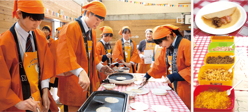 右/そば粉を使ったクレープ生地に添えるジャムは食材の良さを引き出すために、何度も試作を繰り返した左/そば粉を使ったクレープ生地は、そば粉の割合まで細かく決め、みんなで協力しながら一枚ずつ焼いていく