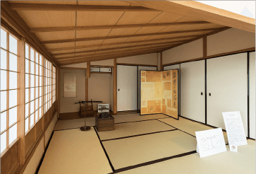 龍馬が暗殺された京都の「近江屋」8畳間を実物大で再現したコーナー。現場にあったとされる屏風も複製展示