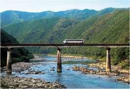 山や川を背景に走る列車