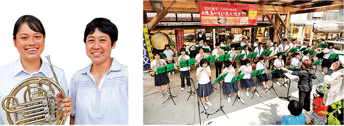 演奏を終えた生徒、岡本さんのお母さん　嶺北中学・高校吹奏楽部