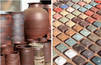 伝統的な大谷焼と釉薬のテストピース
