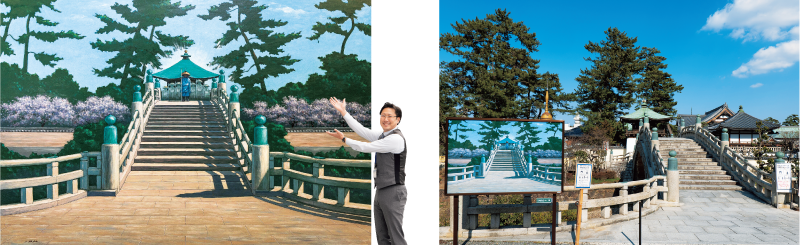 済世橋の横に設置された中山以佐夫さんの黒板アート作品「涅槃桜の咲く頃に」