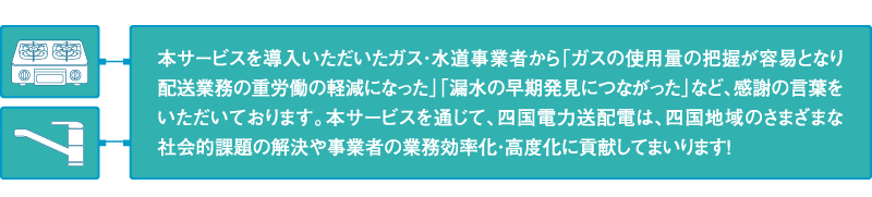 本サービスを導入いただいたガス・水道事業者から「ガスの使用量の把握が容易となり配送業務の重労働の軽減になった」「漏水の早期発見につながった」など、感謝の言葉をいただいております。本サービスを通じて、四国電力送配電は、四国地域のさまざまな社会的課題の解決や事業者の業務効率化・高度化に貢献してまいります！