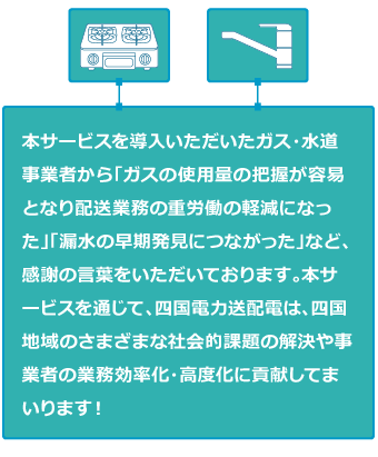 本サービスを導入いただいたガス・水道事業者から「ガスの使用量の把握が容易となり配送業務の重労働の軽減になった」「漏水の早期発見につながった」など、感謝の言葉をいただいております。本サービスを通じて、四国電力送配電は、四国地域のさまざまな社会的課題の解決や事業者の業務効率化・高度化に貢献してまいります！