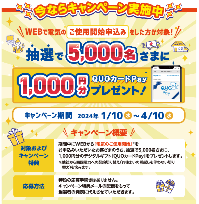 今ならキャンペーン実施中
WEBで電気のご使用開始申込みをした方が対象!
抽選で5,000名さまに1,000円分QUOカードPayプレゼント！
キャンペーン期間 2024年1/10水～4/10水

キャンペーン概要

対象およびキャンペーン特典
期間中にWEBから「電気のご使用開始」※をお申込みいただいた
お客さまのうち、抽選で5,000名さまに、1,000円分のデジタルギフト
『QUOカードPay』をプレゼントします。
※他社から四国電力への契約切り替え（お住まいの引越しを伴わない切り替え）を含みます。

応募方法
特段の応募手続きはありません。
キャンペーン特典メールの配信をもって
当選者の発表に代えさせていただきます。