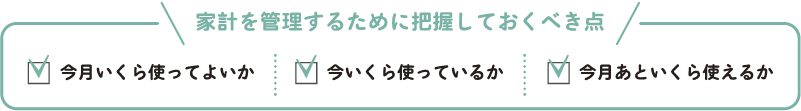 家計を管理するために把握しておくべき点
今月いくら使ってよいか
今いくら使っているか
今月あといくら使えるか