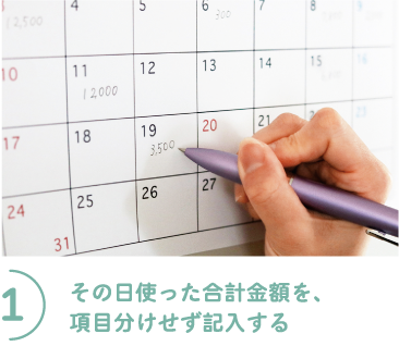 1）その日使った合計金額を、項目分けせず記入する