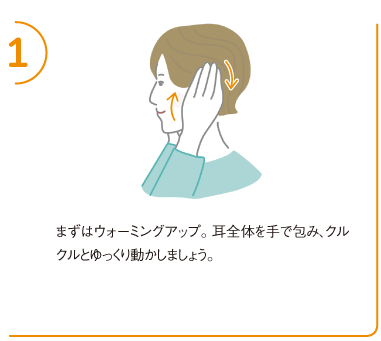 1.まずはウォーミングアップ。耳全体を手で包み、クルクルとゆっくり動かしましょう。