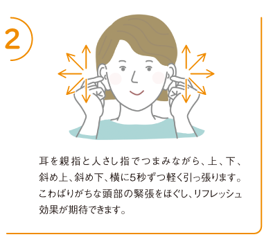 2.耳を親指と人さし指でつまみながら、上、下、斜め上、斜め下、横に5秒ずつ軽く引っ張ります。こわばりがちな頭部の緊張をほぐし、リフレッシュ効果が期待できます。