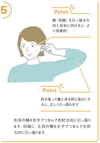 5.右耳の横を右手でつまんで右肘方向に引っ張ります。同様に、左耳の横を左手でつまんで左肘方向に引っ張ります。
Point 顔(目線)を引っ張る方向と反対に向けると、より効果的!
Point 肘を張って腕と耳を同じ高さにすると、正しく引っ張れます