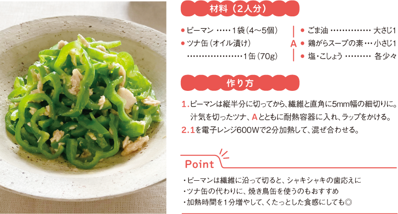 材料(2人分)
● ピーマン1袋(4~5個)
● ツナ缶(オイル漬け)1缶(70g)
A
● ごま油大さじ1
● 鶏がらスープの素 小さじ1
● 塩・こしょう 各少々
作り方
1.ピーマンは縦半分に切ってから、繊維と直角に5mm幅の細切りに。汁気を切ったツナ、Aとともに耐熱容器に入れ、ラップをかける。
2.1を電子レンジ600Wで2分加熱して、混ぜ合わせる。
Point
・ピーマンは繊維に沿って切ると、シャキシャキの歯応えに
・ツナ缶の代わりに、焼き鳥缶を使うのもおすすめ
・加熱時間を1分増やして、くたっとした食感にしても◎