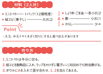 材料(2人分)
● ミニトマト 1パック(12個程度)
● 桜エビ(素干し) 大さじ2
A
● しょうゆ・ごま油 各小さじ2
● 酢 小さじ1
● からし 少々
Point
・大玉、中玉トマトをざく切りにすると食べ応えがあります
作り方
1.ミニトマトは半分に切る。
2.桜エビを耐熱皿に入れ、ラップをかけずに電子レンジ600Wで10秒加熱する。
3.ボウルにAを入れて混ぜ合わせ、1、2を加えてあえる。