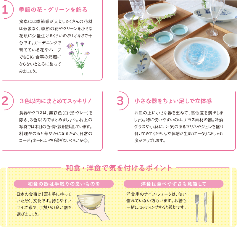 1 季節の花・グリーンを飾る
食卓には季節感が大切。たくさんの花材は必要なく、季節の花やグリーンを小さな花瓶に少量生けるくらいのさりげなさで十分です。ガーデニングで育てている花やハーブでもOK。食事の邪魔にならないところに飾ってみましょう。
2 3色以内にまとめてスッキリ!
食器やクロスは、無彩色(白・黒・グレー)を除き、3色以内でまとめましょう。右上の写真では木目の色・青・緑を使用しています。料理がのると華やかになるため、日常のコーディネートは、やり過ぎないくらいが◎。
3 小さな器をちょい足しで立体感
お皿の上に小さな器を重ねて、高低差を演出しましょう。特に使いやすいのは、ガラス素材の器。冷酒グラスや小鉢に、汁気のあるマリネやジュレを盛り付けてみてください。立体感が生まれて一気におしゃれ度がアップします。
和食・洋食で気を付けるポイント
和食の器は手触りの良いものを
日本の食事は「器を手に持っていただく」文化です。持ちやすいサイズ感で、手触りの良い器を選びましょう。
洋食は食べやすさも意識して
洋食用のナイフ・フォークは、使い慣れていない方もいます。お箸も一緒にセッティングすると親切です。