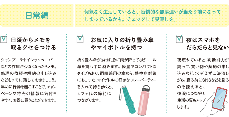 日常編
何気なく生活していると、習慣的な無駄遣いが当たり前になってしまっているかも。チェックして見直しを。
●日頃からメモを取るクセをつける
シャンプーやトイレットペーパーなどの在庫が少なくなったらメモ。修理の依頼や解約の申し込みなどもメモに残しておきましょう。早めに行動を起こすことで、キャンペーンや特売の情報に気付きやすく、お得に買うことができます。
●お気に入りの折り畳み傘やマイボトルを持つ
折り畳み傘があれば、急に雨が降ってもビニール傘を買わずに済みます。軽量でコンパクトなタイプもあり、雨晴兼用の傘なら、熱中症対策にも。また、マイボトルに好きなフレーバーティーを入れて持ち歩くと、カフェ代の節約に
つながります。
●夜はスマホをだらだらと見ない
夜疲れていると、判断能力が鈍って、買い物や契約の申し込みなどよく考えずに決済しがち。寝る前にSNSなどを見るのを控えると、
快眠につながり、生活の質もアップします。