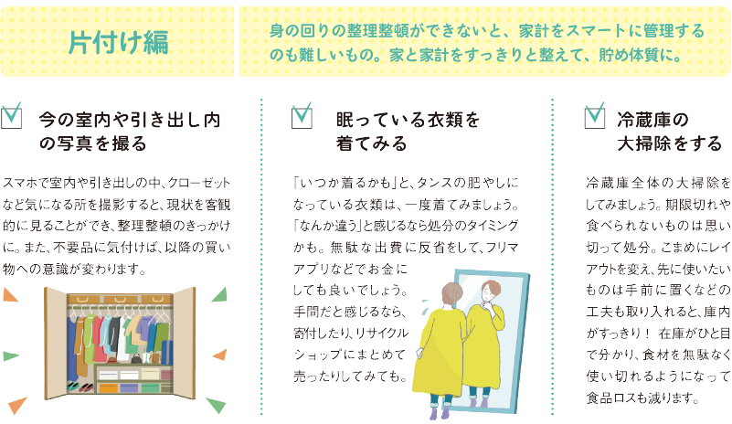 片付け編
身の回りの整理整頓ができないと、家計をスマートに管理するのも難しいもの。家と家計をすっきりと整えて、貯め体質に。
●今の室内や引き出し内の写真を撮る
スマホで室内や引き出しの中、クローゼットなど気になる所を撮影すると、現状を客観的に見ることができ、整理整頓のきっかけに。また、不要品に気付けば、以降の買い物への意識が変わります。
●眠っている衣類を着てみる
「いつか着るかも」と、タンスの肥やしになっている衣類は、一度着てみましょう。「なんか違う」と感じるなら処分のタイミングかも。無駄な出費に反省をして、フリマアプリなどでお金にしても良いでしょう。手間だと感じるなら、寄付したり、リサイクルショップにまとめて
売ったりしてみても。
●冷蔵庫の大掃除をする
冷蔵庫全体の大掃除をしてみましょう。期限切れや食べられないものは思い切って処分。こまめにレイアウトを変え、先に使いたいものは手前に置くなどの工夫も取り入れると、庫内がすっきり！ 在庫がひと目で分かり、食材を無駄なく使い切れるようになって食品ロスも減ります。