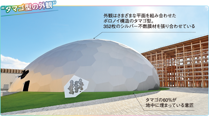 “タマゴ型の外観” 外観はさまざまな平面を組み合わせたボロノイ構造のタマゴ型。352枚のシルバー不燃膜材を張り合わせている
タマゴの60％が地中に埋まっている意匠