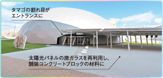 タマゴの割れ目がエントランスに
太陽光パネルの廃ガラスを再利用し、舗装コンクリートブロックの材料に