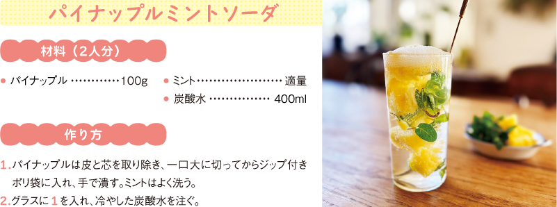 パイナップルミントソーダ
材料(2人分)
● パイナップル100g
● ミント適量
● 炭酸水400ml
作り方
1.パイナップルは皮と芯を取り除き、一口大に切ってからジップ付きポリ袋に入れ、手で潰す。ミントはよく洗う。
2.グラスに1を入れ、冷やした炭酸水を注ぐ。