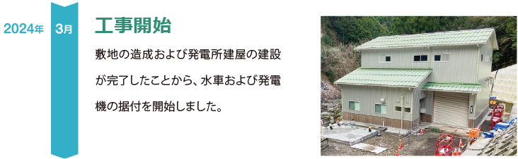 2024年、3月、工事開始
敷地の造成および発電所建屋の建設が完了したことから、水車および発電機の据付を開始しました。