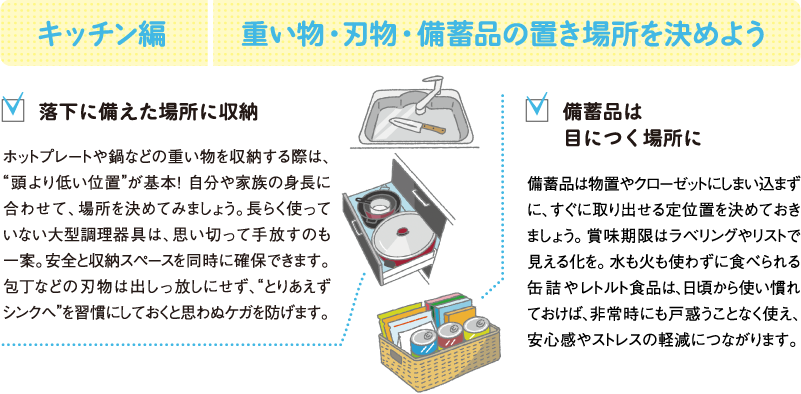 キッチン編
重い物・刃物・備蓄品の置き場所を決めよう
落下に備えた場所に収納
ホットプレートや鍋などの重い物を収納する際は、“頭より低い位置”が基本! 自分や家族の身長に合わせて、場所を決めてみましょう。長らく使っていない大型調理器具は、思い切って手放すのも一案。安全と収納スペースを同時に確保できます。包丁などの刃物は出しっ放しにせず、“とりあえずシンクへ”を習慣にしておくと思わぬケガを防げます。
備蓄品は目につく場所に
備蓄品は物置やクローゼットにしまい込まずに、すぐに取り出せる定位置を決めておきましょう。賞味期限はラベリングやリストで見える化を。水も火も使わずに食べられる缶詰やレトルト食品は、日頃から使い慣れておけば、非常時にも戸惑うことなく使え、安心感やストレスの軽減につながります。