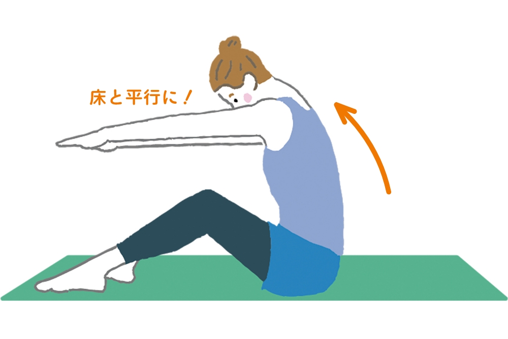 1. 膝を立てて座り、足は腰幅に開きます。膝の上に覆い被さるように上半身を前に倒し、両腕は床と平行に伸ばします。