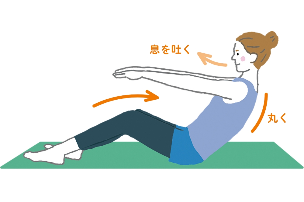 2. 口から息を吐きながら、背中の丸みを保ったまま上半身を後ろに倒します。