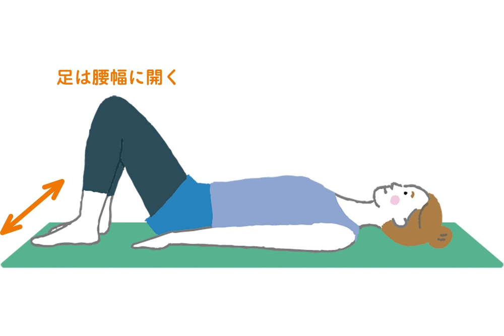 1. あおむけに寝て、膝を立て、足は腰幅に開きます。