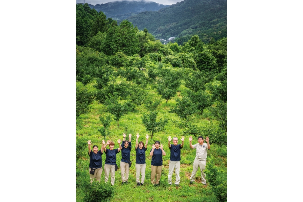 山間に広がる山神果樹薬草園の柑橘農園。地元採用を含めたスタッフたちが生き生きと働いている。「地元の方たちとの交流も大切にしています」と早川さん(右から2人目)