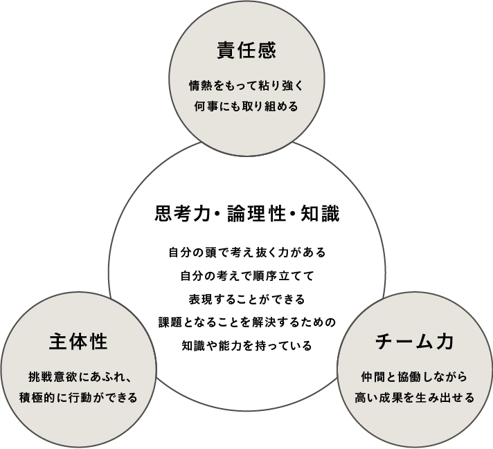 思考力・論理性・知識レベル：自分の頭で考え抜く力がある、自分の考えで順序立てて表現することができる、課題となることを解決するための知識や能力を持っている 責任感：情熱をもって粘り強く何事にも取り組める チーム力：仲間と協働しながら高い成果を生み出せる 主体性：挑戦意欲にあふれ、積極的に行動ができる