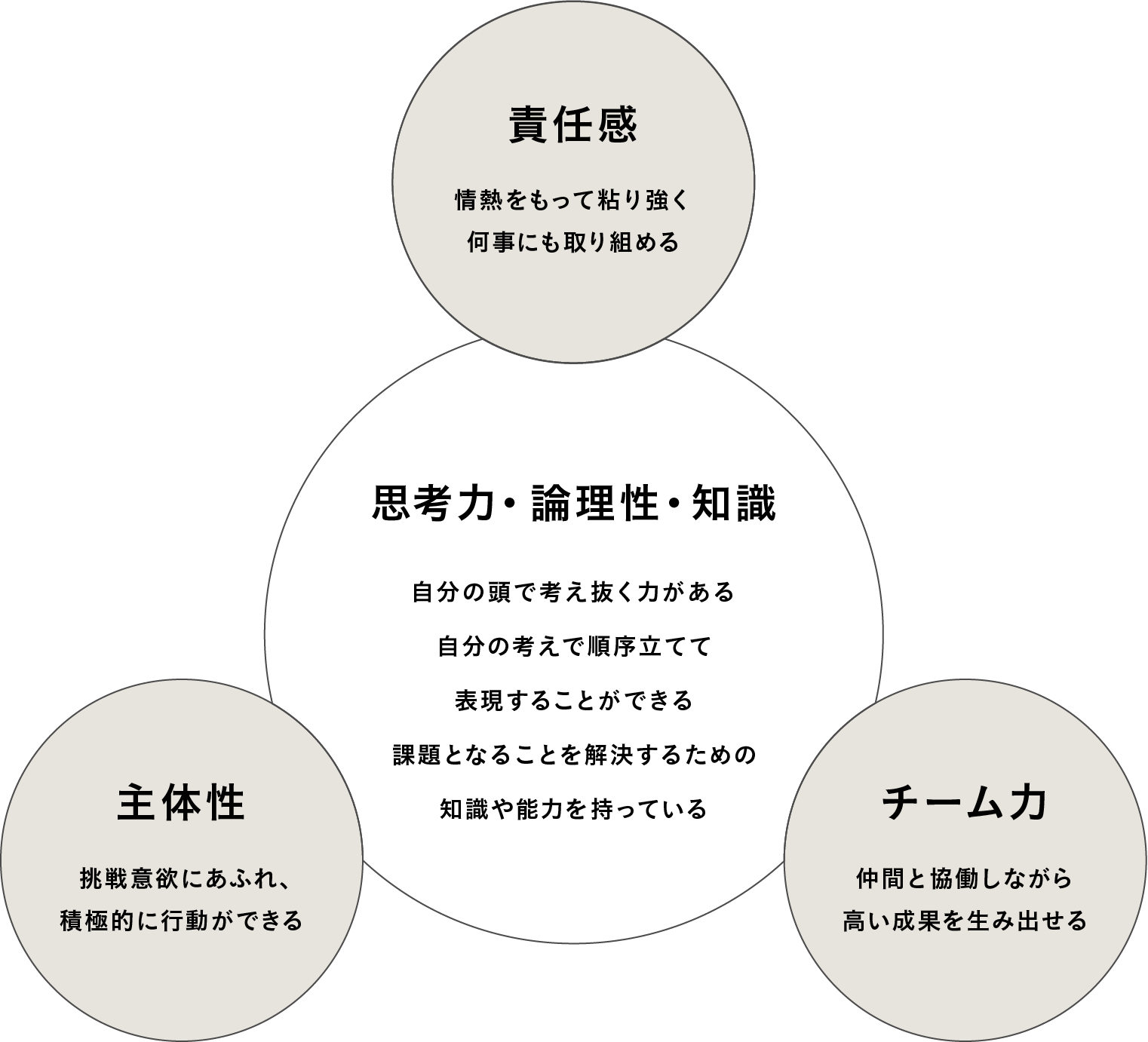 思考力・論理性・知識レベル：自分の頭で考え抜く力がある、自分の考えで順序立てて表現することができる、課題となることを解決するための知識や能力を持っている 責任感：情熱をもって粘り強く何事にも取り組める チーム力：仲間と協働しながら高い成果を生み出せる 主体性：挑戦意欲にあふれ、積極的に行動ができる