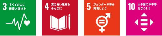 ［3.すべての人に健康と福祉を］［4.質の高い教育をみんなに］［5.ジェンダー平等を実現しよう］［10.人や国の不平等を無くそう］