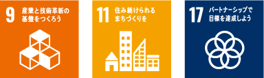 ［9.産業と技術革新の基盤をつくろう］［11.住み続けられるまちづくりを］［17.パートナーシップで目標を達成しよう］