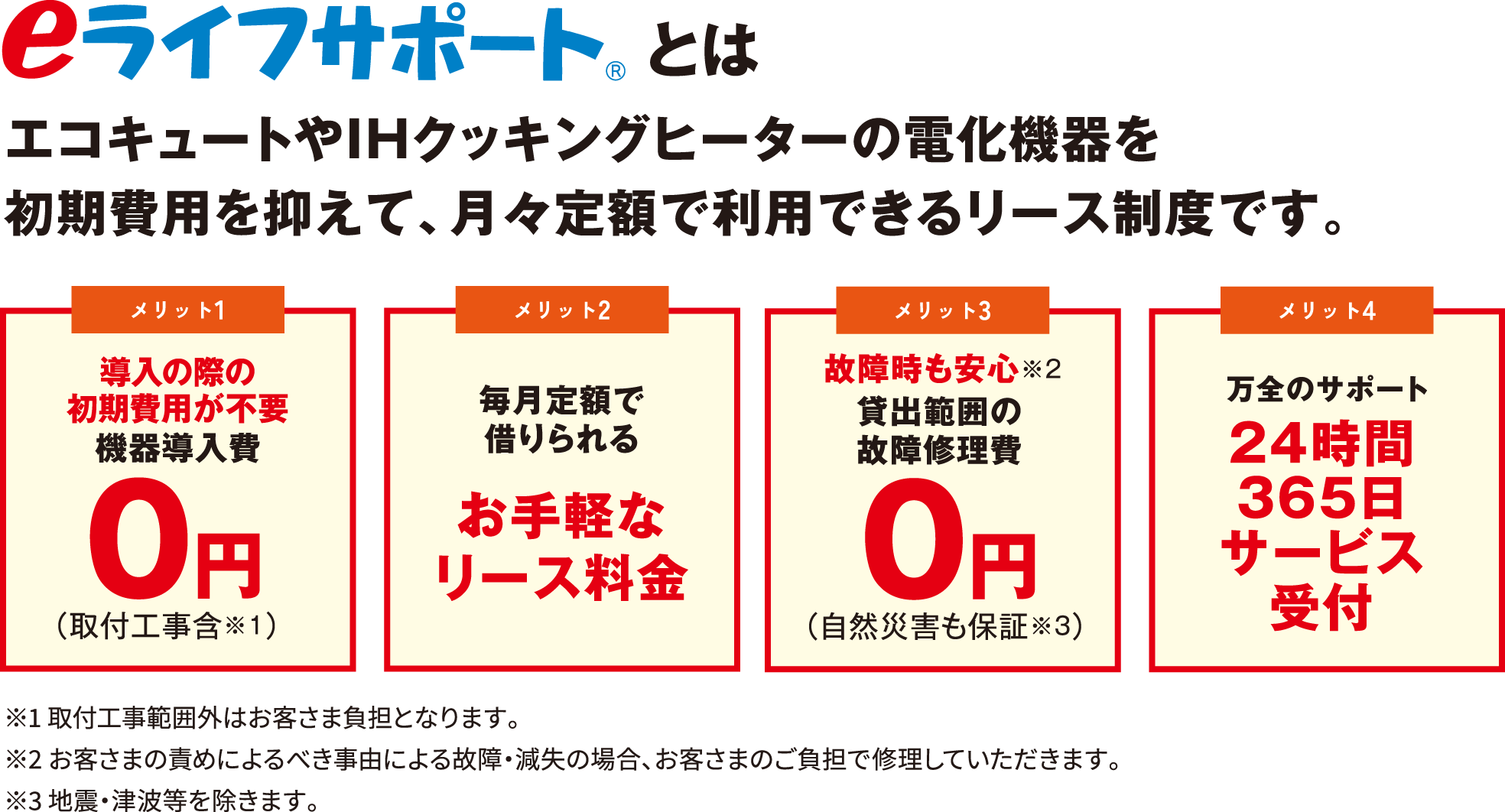 eライフサポートとはエコキュートやIHクッキングヒーターの電化機器を初期費用を抑えて、月々定額で利用できるリース制度です。メリット1導入の際の初期費用が不要 機器導入費0円（取付工事含※1） メリット2 毎月定額で借りられる お手軽なリース料金 メリット3 故障時も安心※2貸出範囲の故障修理費0円（自然災害も保証※3） メリット4 万全のサポート 24時間365日サービス受付 ※1 取付工事範囲外はお客さま負担となります。 ※2 お客さまの責めによるべき事由による故障・減失の場合、お客さまのご負担で修理していただきます。※3 地震・津波等を除きます。