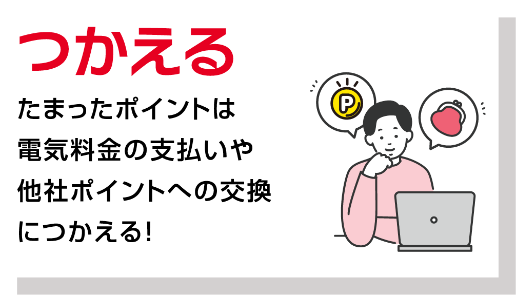 つかえる　たまったポイントは電気料金の支払いや他社ポイントへの交換につかえる！