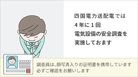 四国電力送配電では4年に1回電気設備の安全調査を実施しております。調査員は顔写真入りの証明書を携帯しています。必ずご確認をお願いします。