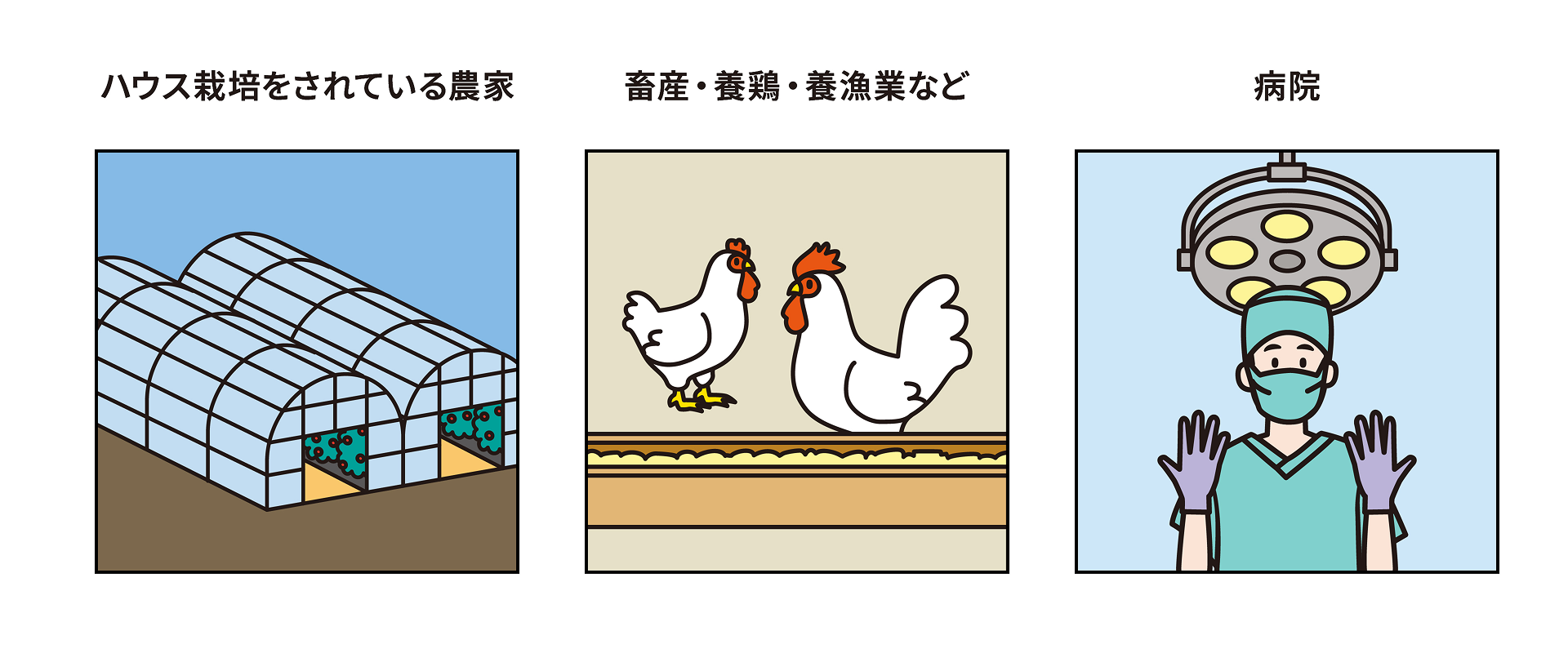 ハウス栽培をされている農家 畜産・養鶏・養魚業など/病院